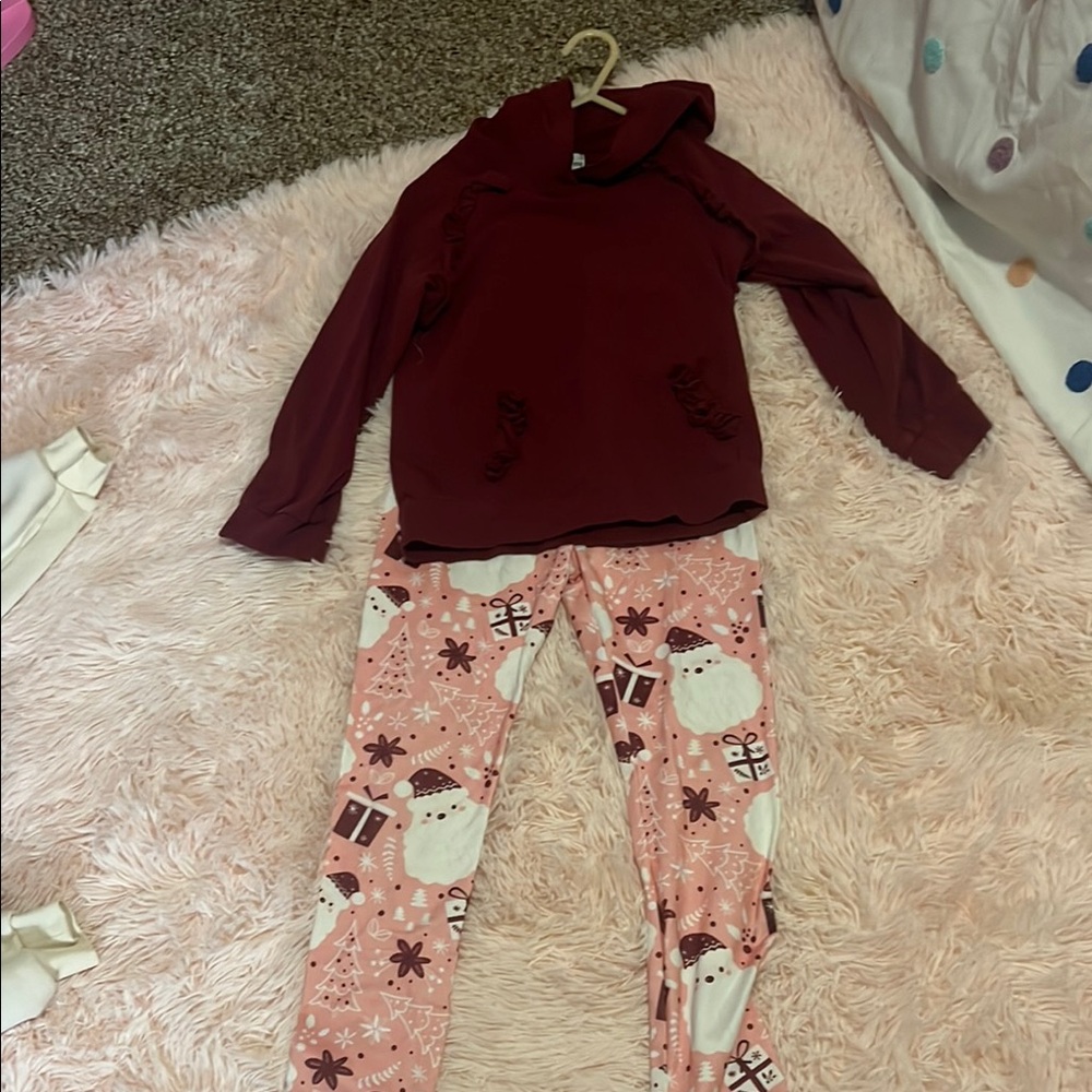 Burgundy Hoodie and Santa Print Pajama Set